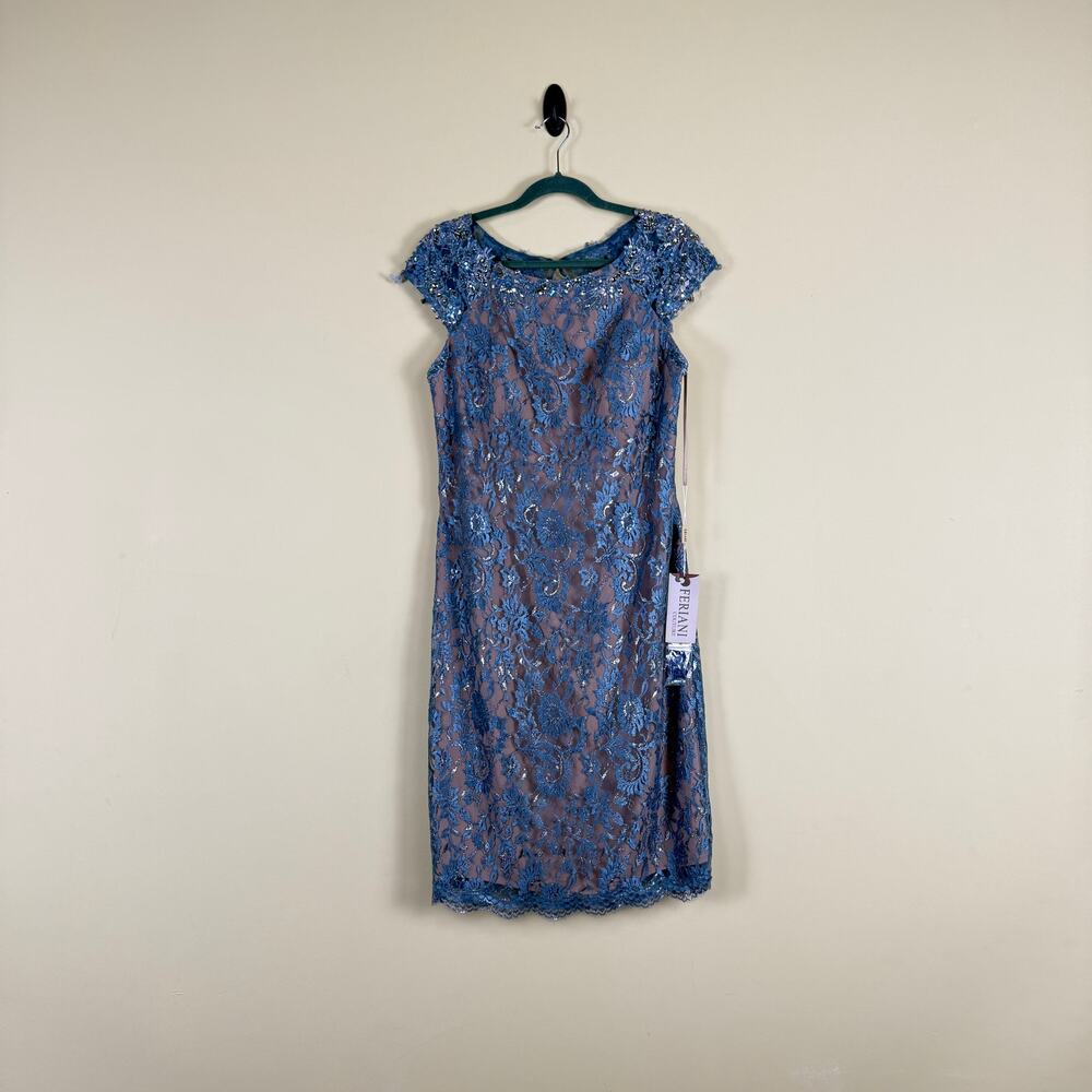 Feriani Couture Blue Lace Illusion Sheath Cocktail Dress Beaded Detail Size 14